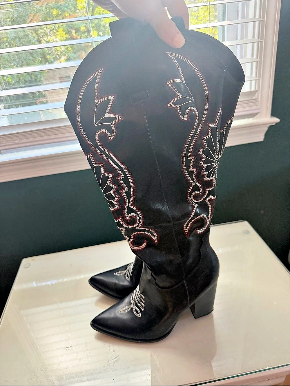 Embroidered Black Heeled Boots Like New
